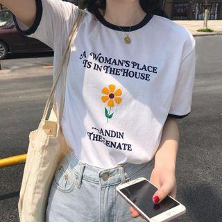 Short-sleeve Flower Print Ringer T-shirt Yellow Flower - White - One Size
