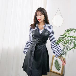 Inset Balloon-sleeve Shirt Faux-leather Dress