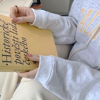 Letter-printed Kangaroo-pocket Boxy Hoodie Melange Gray - One Size