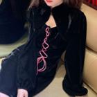 Long-sleeve Cut-out Lace-up Velvet Mini Dress Black - One Size
