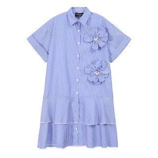 Flower Accent Striped Midi A-line Shirtdress Blue - One Size