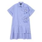 Flower Accent Striped Midi A-line Shirtdress Blue - One Size