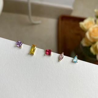 Set Of 5: Rhinestone Alloy Earring (various Designs) Set Of 5 - Rhinestone Alloy Earring - Red & Blue & Yellow - One Size