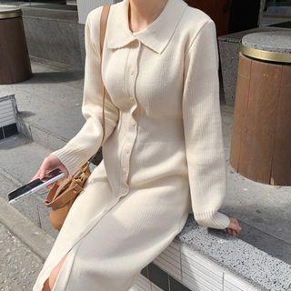 Collared Button-front Midi Knit Dress