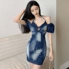 Cold-shoulder Tie-dye Print Denim Mini Bodycon Dress
