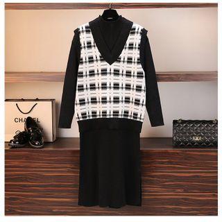 Set: Knit Dress + Patterned Knit Vest Vest - White - One Size / Dress - Black - One Size