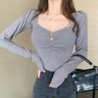 Long Sleeve Ruched Plain Knit Top