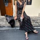 Sleeveless Lace-trim Floral Long Dress Black - One Size