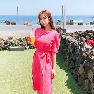 Shirred-sleeve T-shirt Dress With Sash