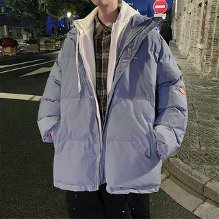 Mock Two Piece Patch Plain Hooded Padded Coat