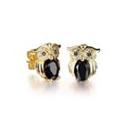 Fashion Creative Plated Gold Owl Stud Earrings With Black Cubic Zirconia Golden - One Size