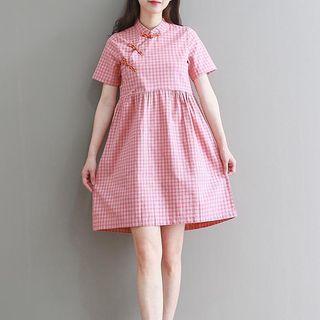 Short-sleeve Frog Button Plaid Mini A-line Dress