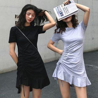 Short-sleeve Shirred Mini Sheath Dress