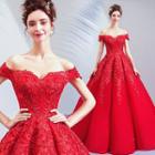 Short-sleeve Off Shoulder Sequined Lace Ball Gown