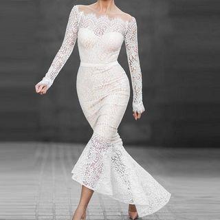 Off-shoulder Long Sleeve Lace Mermaid Wedding Dress