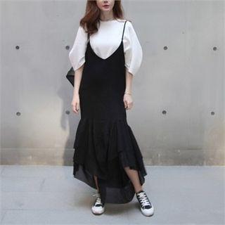 Ruffle-hem Dip-back Pinafore Dress