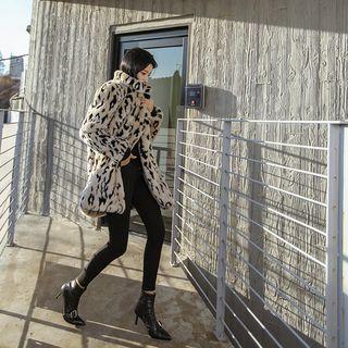 Notch-lapel Leopard Eco Fur Coat Beige - One Size