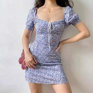 Puff Sleeve Square-neck Floral Print Mini Bodycon Dress