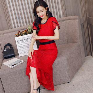 Short-sleeve Mermaid Lace Midi Party Dress