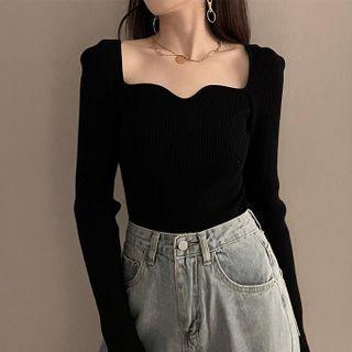 Long-sleeve Square-neck Plain Top Black - One Size