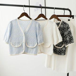 Short-sleeve Floral Embroidered Button-up Top