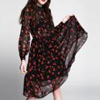 Cherry Print Long Sleeve Chiffon Dress