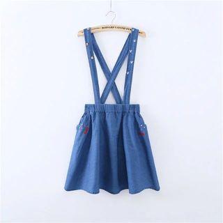 Embroidered Cat Denim Suspender Skirt