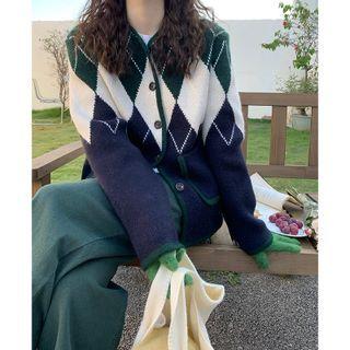 Argyle Cardigan Navy Blue & Gray - One Size