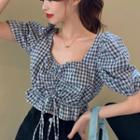 Ruched Front Ruffle Trim Plaid Cropped Top As Shown In Figure - One Size