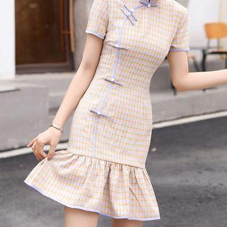 Contrast Trim Gingham Short Sleeve Qipao