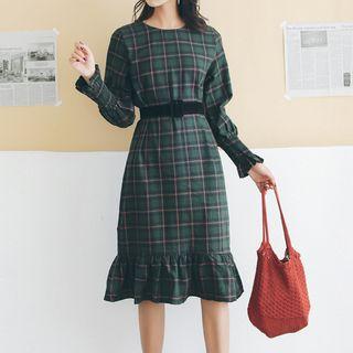 Plaid Long-sleeve A-line Midi Dress