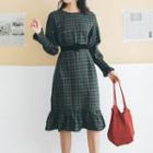 Plaid Long-sleeve A-line Midi Dress