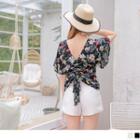 Ruched Flower Short-sleeve V-neck Chiffon Top