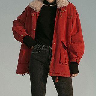 Fleece Collar Corduroy Drawstring Jacket