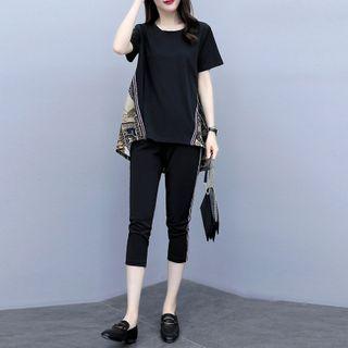 Set: Short-sleeve Print Panel Top + Capri Pants