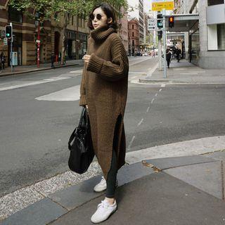 Turtleneck Long-sleeve Midi Slit Sweater Dress As Shown In Figure - One Size