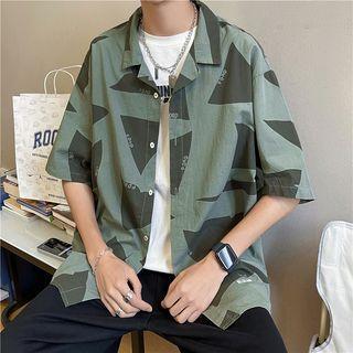 Elbow-sleeve Triangle Print Hawaiian Shirt