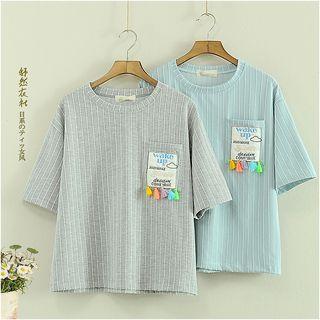 Short-sleeve Striped Tasseled Top