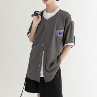 Mock Two-piece Elbow-sleeve Logo Print Button-up T-shirt