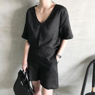 Set: V-neck Linen Blend Top + Shorts