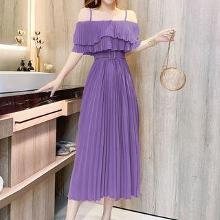 Off-shoulder Ruffled Pleated Midi Dress