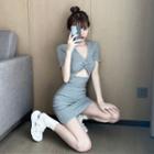 Short-sleeve Cutout Twist-front Mini Bodycon Dress
