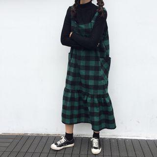 Ruffle Hem Plaid Midi Pinafore Dress
