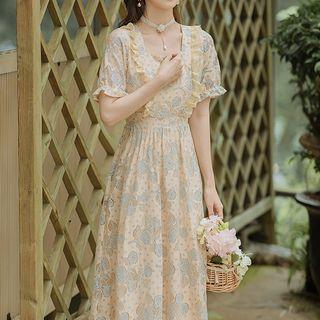 Puff-sleeve Ruffled Floral Print Midi A-line Dress