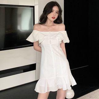 Off-shoulder Ruffle-trim Slim-fit A-line Dress