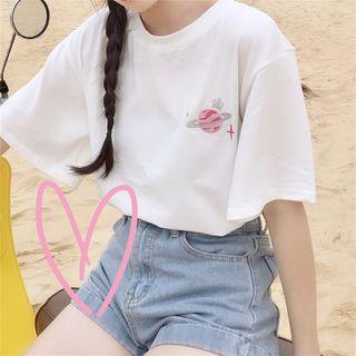 Round-neck Planet Embroidered Short-sleeve T-shirt