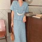 Short-sleeve Cropped Blouse / Midi A-line Skirt