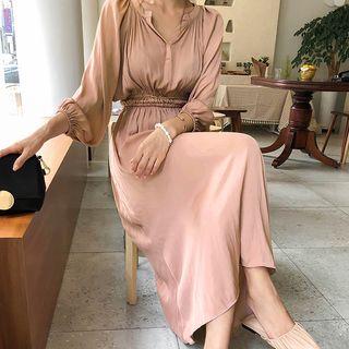 Mandarin-collar Gathered Long Dress