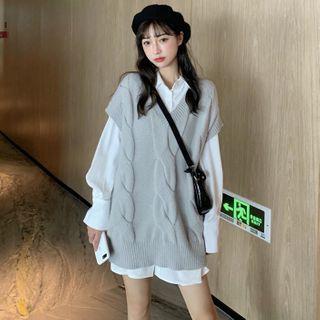 Long-sleeve Plain Shirt / Cable Knit Vest