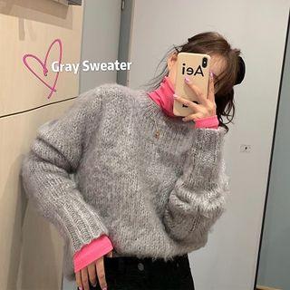 Plain Turtle-neck Slim-fit Long-sleeve Top / Plain Crewneck Loose-fit Long-sleeve Knit Sweater